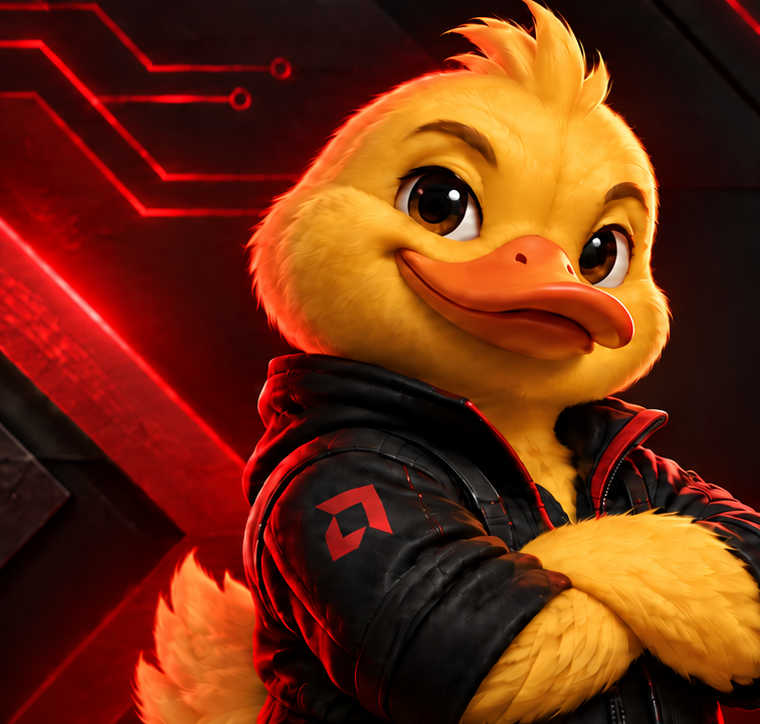 AMDuck — a yellow duck in a black leather jacket with a red AMD-style logo, arms crossed