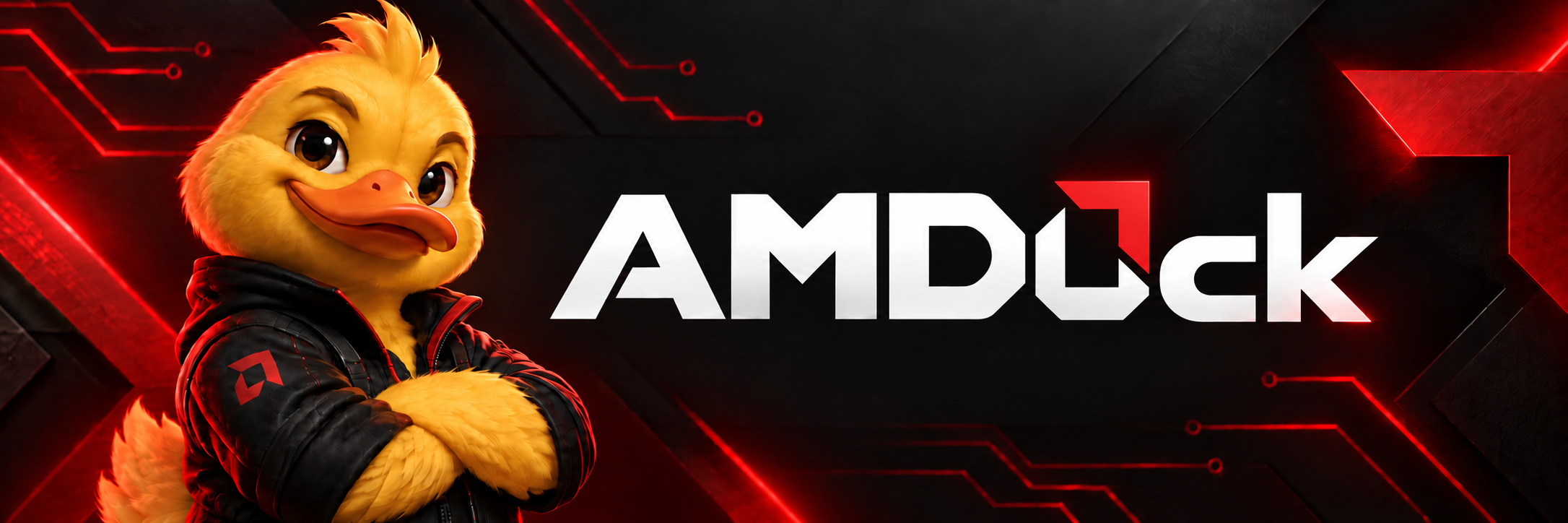 AMDuck — a yellow duck in a black leather jacket with a red AMD-style logo, arms crossed